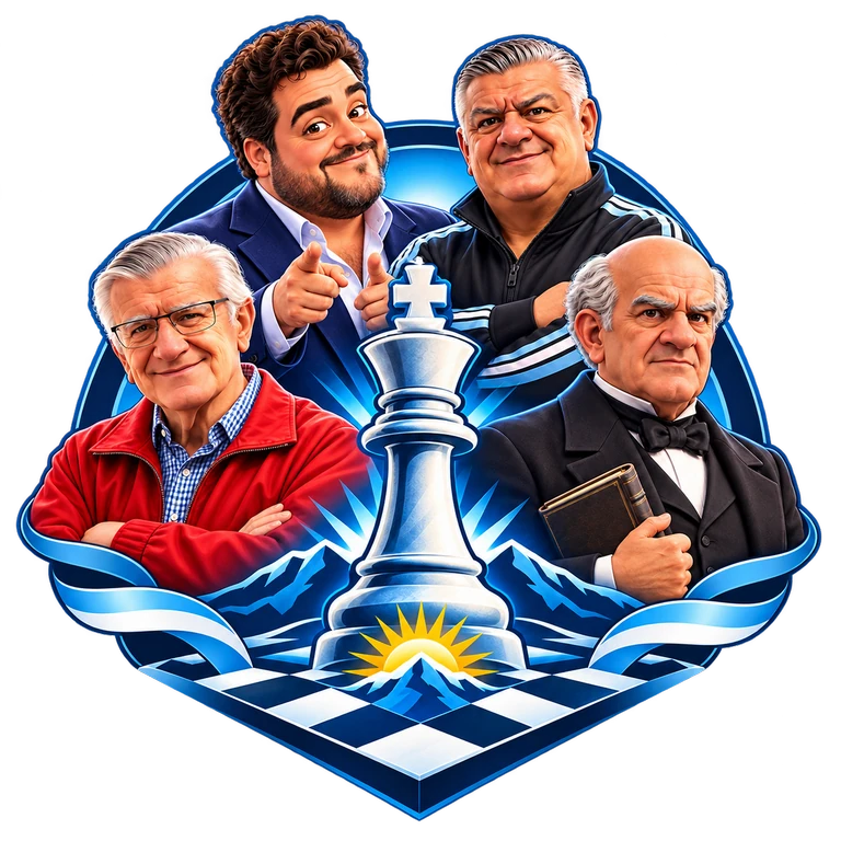 Barassi, Tapia, Gioja y Sarmiento junto a un rey de ajedrez